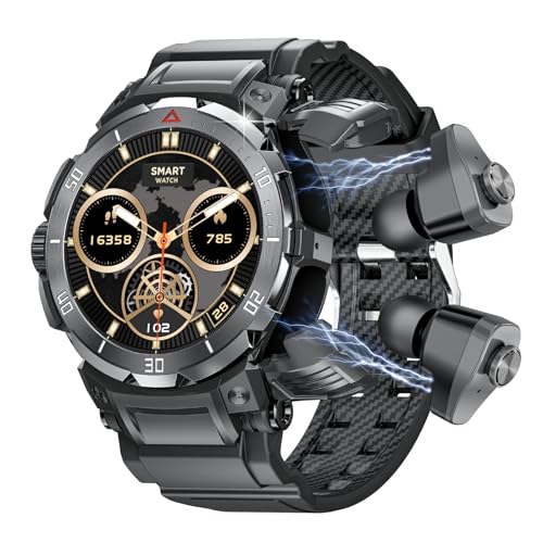 JUSUTEK 2025 業界新登場 高級スマートウォッチ TWSイヤホン スマートウォッチ，1.46インチ画面腕時計，歩数計，両耳イヤホン,Bluetooth5.2,通話機能付き、耐寒耐熱，軍用規格，天気予報，DIY文字盤，消費カロリー， アラーム，ミニゲーム,電卓,NFC機能，着信電話，Line通知，iphone&アンドロイド対応，お贈り物，日本語説明書 (黒色)